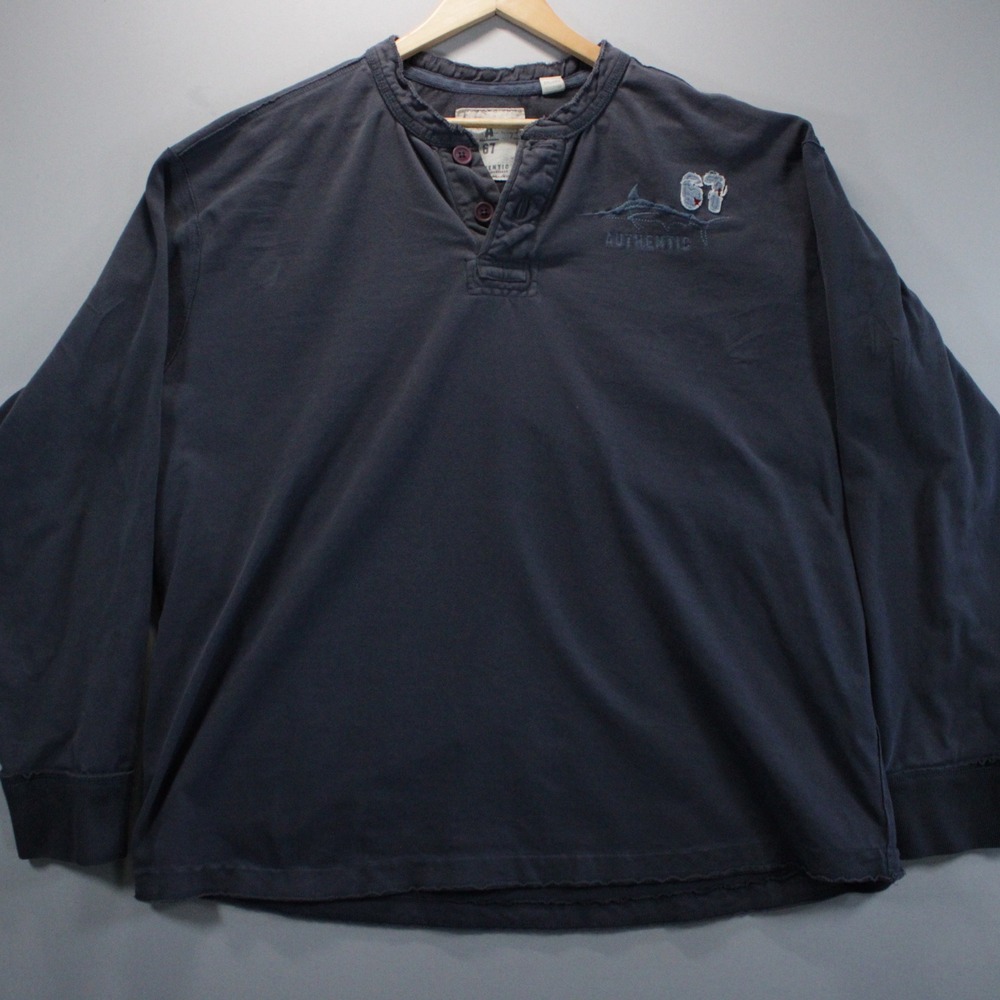 Authentic Worldwide Sportsman Men XXL Blue Embroidered Swordfish 67 Henley Shirt